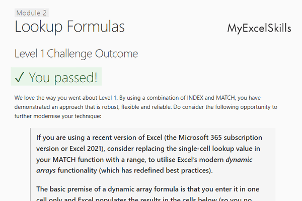 Screenshot of MyExcelSkills app test feedback page.