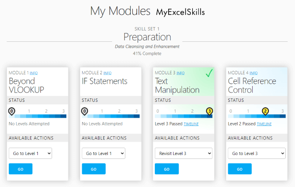 Screenshot of MyExcelSkills app ‘My Learning’ page.